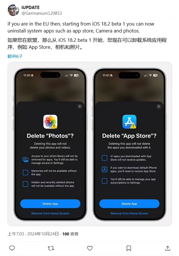 陈场镇苹果手机维修分享iOS 18.2 支持删除 App Store 应用商店 