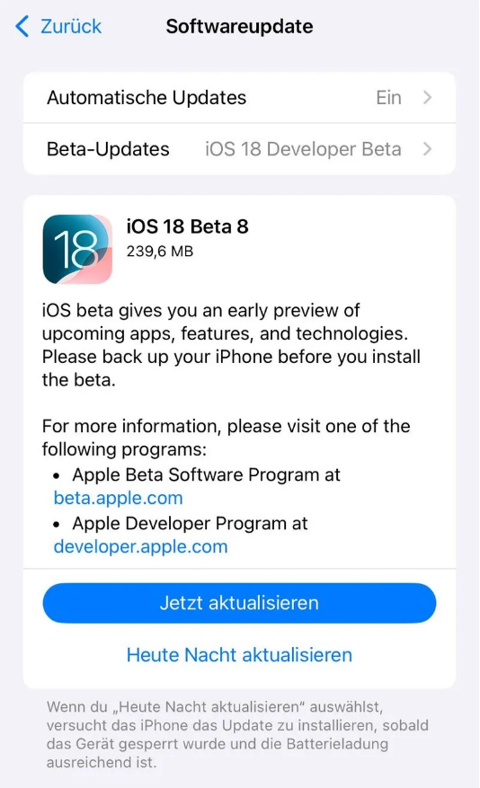 陈场镇苹果手机维修分享苹果 iOS / iPadOS 18 开发者预览版 Beta 8 发布 